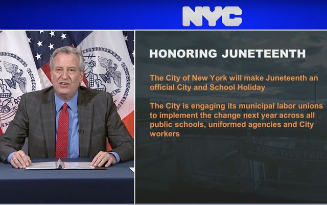 A screenshot of Mayor Bill de Blasio announcing Juneteenth as a city holiday on June 19th, 2020